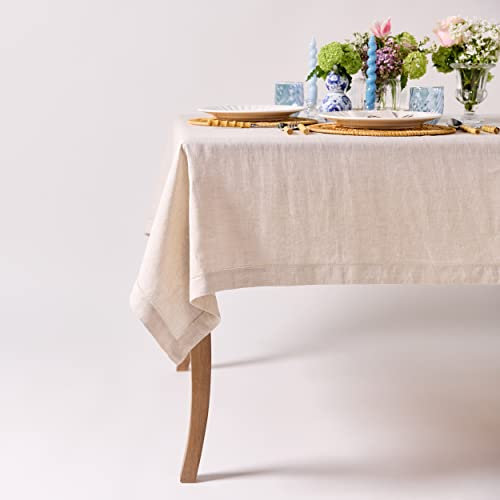 CLIO & CLOVER Linen tablecloth - 100% pure linen natural tablecloth - Hemstitched edge natural table cloth - 150 x 200cm for 6 seater table - By London brand, Clio and Clover