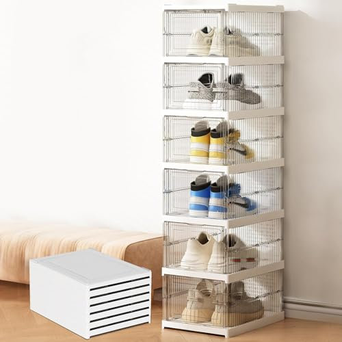 GUDEMAY Schuhboxen - Faltbare Schuhschrank mit transparent Türen - Kunststoff Schuhregal stapelbar und platzsparend für Sneaker bis Größe 46, Installationsfrei (Durchsichtige - 6 Ebenen)