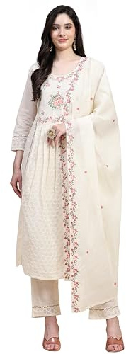 TRENDMALLS Women's Schiffli Pure Cotton Embroidery Salwar Suit Set Kurta Pant with Dupatta (G156-Offwhite-L)