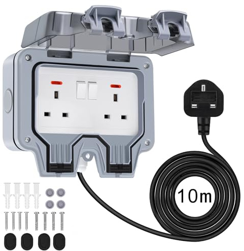 Powerole 10M Outdoor Socket Waterproof Extension Lead, Double Socket with 10M Outdoor Extension Lead Waterproof, IP66 13Amp 2 Gang Switched Cover, Weatherproof Wall Plug Box