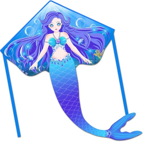 HONBO Cometa de sirena grande para niños y adultos, cometa Delta fácil de volar, cometa principiante para niñas y niños, cometa principiante para niños de 4 a 8 años (azul)