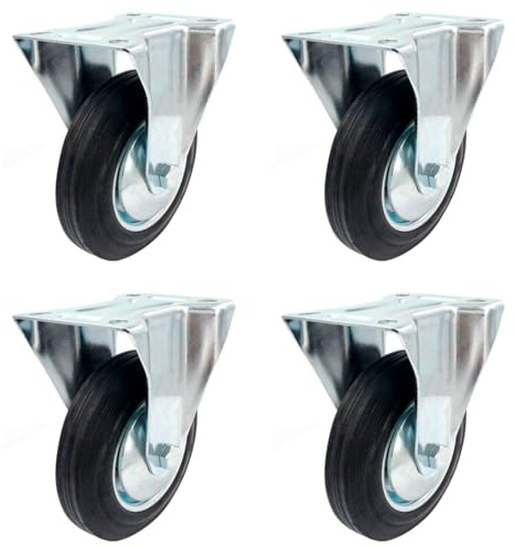 Tradineur - Pack de 4 ruedas fijas para muebles, hierro y goma, incluyen placa de montaje, rueda de transporte para cargas pesadas, industrial, peso máx. 150 kg, Ø 160 mm