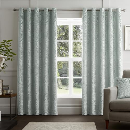 Curtina - Duck Egg Blue Damask Curtains W66 x L72 (168 x 183cm) - Light Blue Jacquard Eyelet Curtains - Botanical Luxury Curtains & Drapes for Living Room & Bedroom - Traditional Drapes/Door Curtain