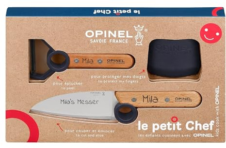 Opinel Le Petit Chef Juego de cuchillos de cocina infantiles con mango de madera, 3 piezas, grabado personal, pelador, inoxidable, protección de dedos, regalo (azul)