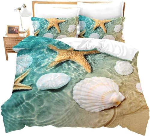 Homemissing Beach Starfish Bedding Single Blue Cute Ocean Creatures Duvet Cover Set Sea Shells Starfish Print Comforter Cover Tropical Beach Theme Decor Bedding Sets with Zipper 2 Pcs