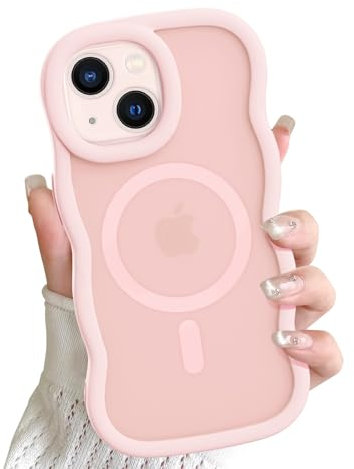 ÁRBOLORO Magnetisch Wellen Hülle für iPhone 13/14 Kompatibel mit Magsafe, Wellenform Lockige Rahmen Handyhülle Matt Transluzente Silikon Schutzhülle Stoßfeste Kratzfeste Case, Rosa