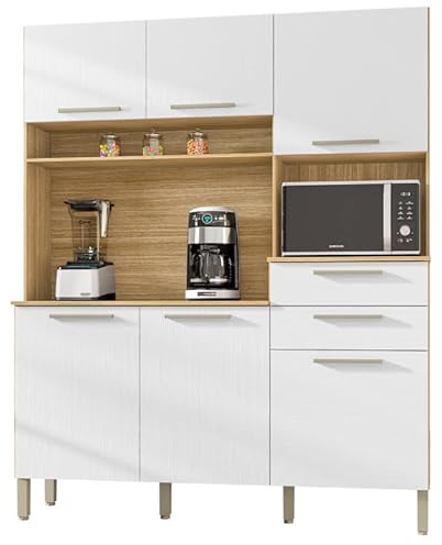 ACTUAL DIFFUSION Buffet de Cuisine 6 Portes 2 Tiroirs Chêne et Blanc L 160.7 H 196 P 38.8 cm
