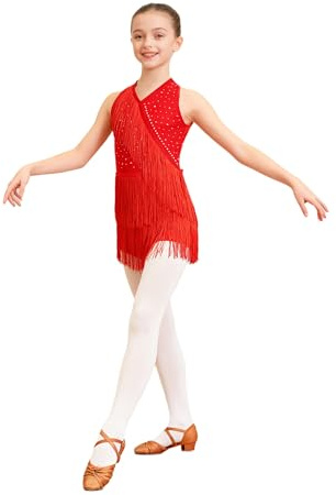 TTAO Enfant Fille Justaucorps Gymnastique Paillette Robe de Danse Latine Frangé sans Manches Robe Danse Latine Jazz Rumba Salsa Valse Tango Costume Spectacle 5-16 Ans Rouge 9-10 Ans