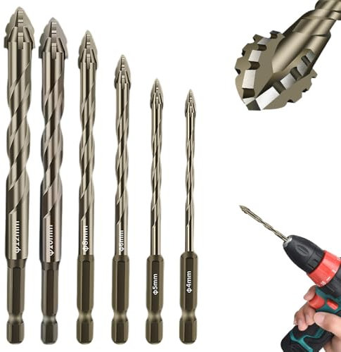 Fliesenbohrer Glasbohrer Set, High-Strength 4-Flute Serrated Eccentric Drill Bit Kit, Multifunktions Bohrer-Set Vierschneidiger Sägezahn-Exzenterbohrer für Keramik Beton Holz (Gold, 4+5+6+8+10+12)