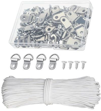 JIHUOO 2mm x 40m White Braided Nylon String Picture Frame Hanging Rope Knot Tying Cord Painting Hanging Cord Multipurpose Utility Rope with 40 Pcs D-Ring Hooks and 40 Pcs Screws