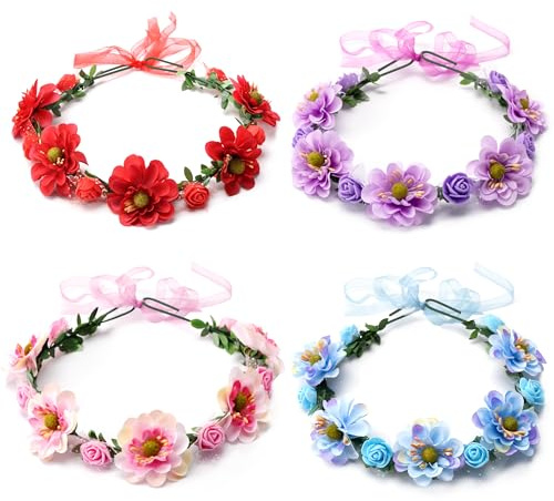 Qzakce Corona de Flores, Diademas de Flores Garland Bohemia Tocado de Guirnalda Flor de Simulación Diadema de Corona para Mujer Niñas Adorno Fiesta Festival Playa Travle Nupcial Boda 4 Piezas
