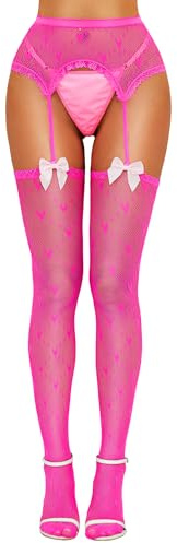 RSLOVE nätstrumpor för kvinnor – strumpebandsstrumpor spets tights, Rosenröd, one size