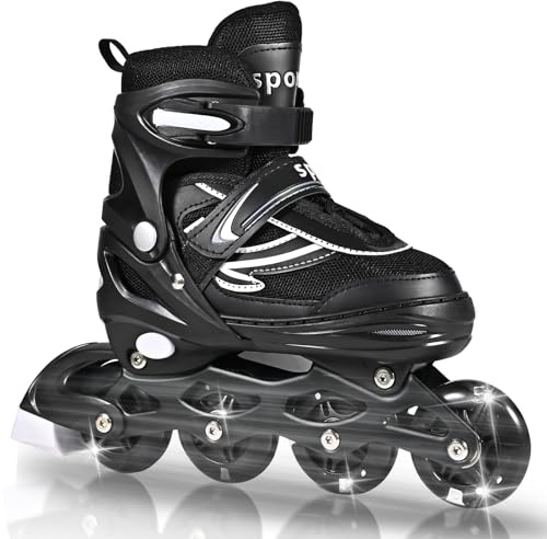 LIRENGUI Patines en línea Ajustables para niños y niñas, Negro y Blanco Patines en línea de 4 Ruedas para Adolescentes y Adultos con Ruedas Luminosas para Deporte, Medium