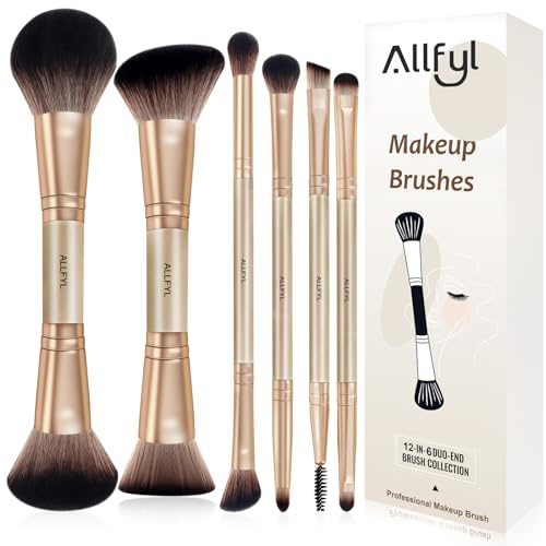ALLFYL Professional 6 Pairs Dual-Ended Makeup Brush Set， Powder Blush Foundation Contour Eyeshadow Lip Brush Kit， Travel Friendly Cosmetic Brushes with Gift Box for Women， Makeup Lovers & Beginners