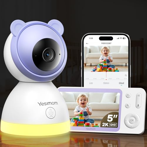 YESIMOM Baby Monitor con Telecamera 2K e Monitor 5'', Doppio Controllo tramite Monitor e App, Connessione Senza WiFi fino a 300m, WiFi 2.4G, Visione Notturna a Colori, IR Invisibile 940nm, Cloud/SD