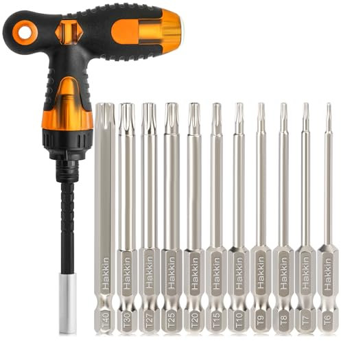 13Pcs Torx Screwdriver Sets Hakkin Torx Bit Set with Ratchet Screwdriver 75mm Torx Security Bit Set S2 Steel T6-T40 Magnetic Tamper Proof torx Bits for Screwdrivers, Impact Drill, Ratchet Wrench etc