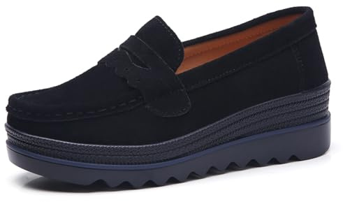 DADAWEN Women's Slip-On Platform Loafers Wedge Heel Walking Shoes Black Size 5