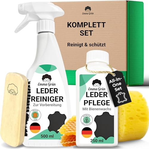 Emma Grün® Lederreiniger & Lederpflege Auto Reinigungsset [MIT BIENENWACHS] - Für Glatt- & Kunstleder - Alcantara Reiniger Autositze - Reiniger & Lederpflege für Ledercouch & Sofa aus Deutschland