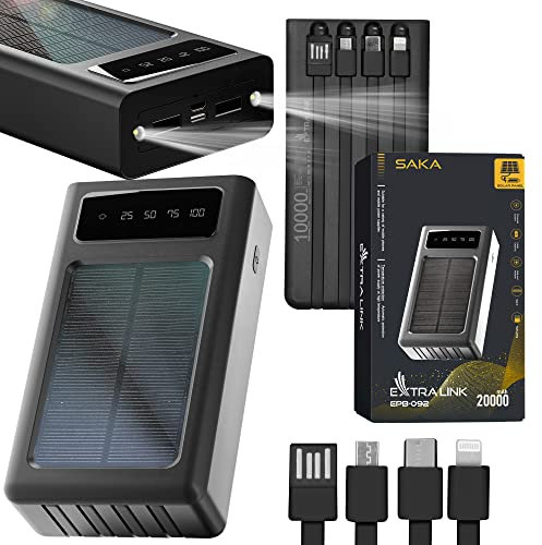 Powerbank Solar 20000mAh Solarpanel 1W Solar Ladegerät 4 Kabel für Verschiedene Steckertypen USB-C Micro-USB LED-Taschenlampe Lithium-Polymer-Akku Solar Powerbank Outdoor Powerbank Solar Charger