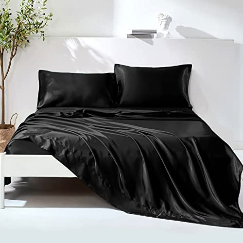 Wotcsil 4 Pezzi Completo Lenzuola Raso Matrimoniale Set Tinta Unita Biancheria da Letto Satin 200x200+Angolo 36 cm con Lenzuolo Sopra, Lenzuola Sotto con Angoli, 2 Federa, Nero