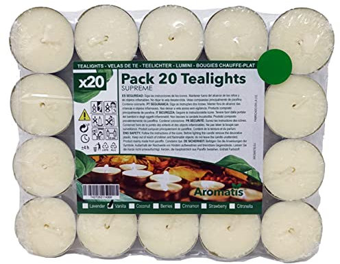 AROMATIS - 20 x Velas de Té Fragancia Vainilla en Crema - Candelitas de Olor Individuales Ø 39 mm - Ideal Aromaterapia, Decoración, Ambientación, Quemador de Esencias