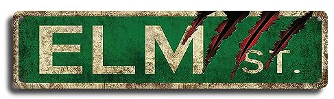 Vintage Metal Tin Horror Movie Decor - Elm Street Sign, 4x16 inch - Bathroom & Bedroom Decor for Men's Man Cave