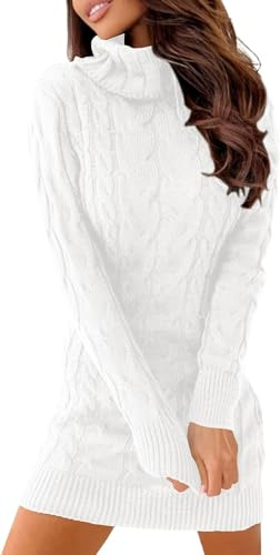 Ebifin Robe Pull pour Femme élégante Col roulé Robe Hiver Casual Manches Longues Sweat Pull Laine., Blanc., M