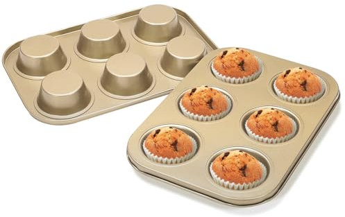 Modixun 2 teglie per muffin, 6 stampi antiaderenti per muffin, in acciaio al carbonio, 26,5 x 18,5 x 2,7 cm, oro champagne