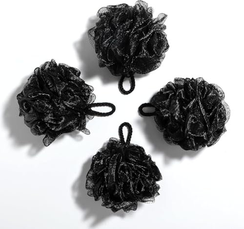 Loofah Sponge Shower Puff – 4 Pack Black Mesh Bath Sponges & Body Scrubbers | Exfoliating Shower Poufs for Men & Women, Durable Bath Puffs for Rich Lather & Gentle Cleaning