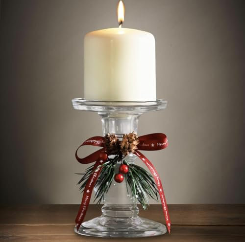 Christmas Pillar Candle Holder Stick Stand Clear Glass With Red Ribbon and Pine Cone Xmas Gift