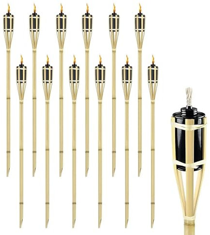 IlGruppone Set 8/12 Pezzi Torcia Grande da Giardino in bambù XXL Olio Contenitore in Metallo 90/120/150 Cm Lampada Candela con Stoppino Fiaccola Torcie Esterno Feste Eventi - 12 Pezzi 120 Cm