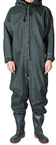 Fishing Chest Waders, Hunting Chest Waders Herr Vattentät Helkroppsdragkedja Regndräkt med halkfria gummistövlar Tjock huva vadare, Mörkgrön, EU40 (Mörkgrön EU40)