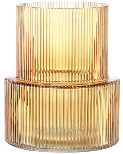 KAYLETIN Vase en verre ambré, vase nervuré, vase en verre cannelé, vase à fleurs, vase moderne pour salon, bureau, 19 cm
