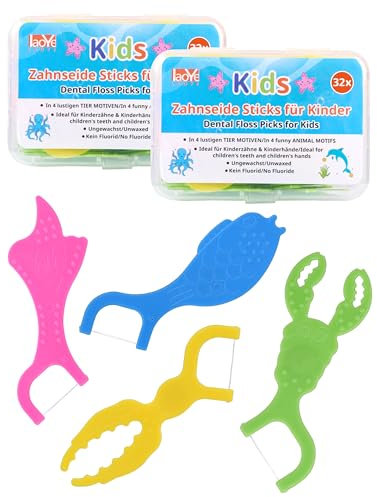 64 filo interdentale Bambini Archetti Filo Interdentale per spazi interdentali stretti Ocean Flossers Kids Bastoncini di filo interdentale per bambini in 4 forme manico antiscivolo, colori colorati