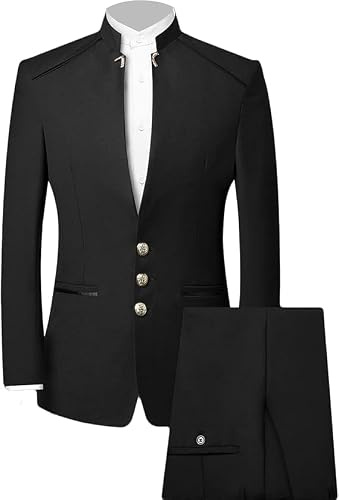 Costume Tunique Chinoise 2 Pièces pour Hommes Ensemble Blazer à Col Mandarin Ensemble Pantalon Veste Boutonnée Robe de Marié Uniforme Traditionnelle