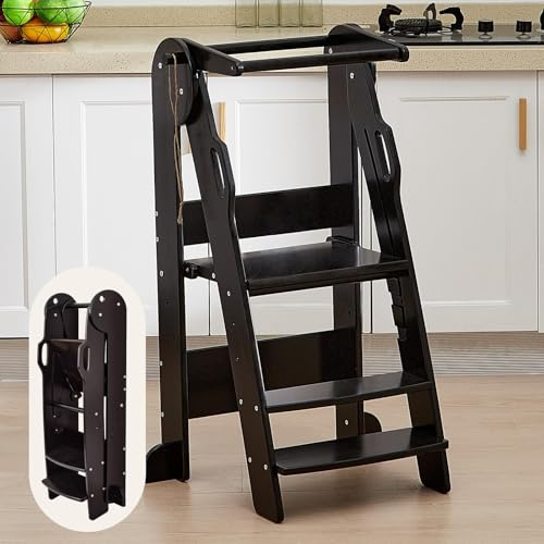 FUNLIO Torre de Aprendizaje Plegable, Torre Aprendizaje Ajustable en Altura de 3 Niveles, Torre Montessori con Rieles de Seguridad para Niños de 2 a 6 Años, Fácil de Montar, Aprobado por CE - Negro