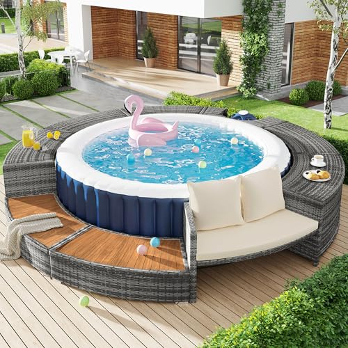 Idemon Juego de salón de jardín con sofá redondo, conjunto de muebles de jardín, juego de salón para jacuzzi y piscina, con patas ajustables, incluye cojines, muebles para patio, jardín o piscina