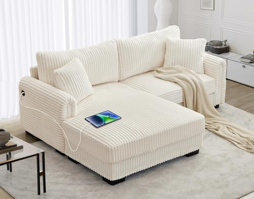 SUNWAVE 84.7 L-Shaped Sofa with Reversible Chaise Corduroy Loveseat Couch