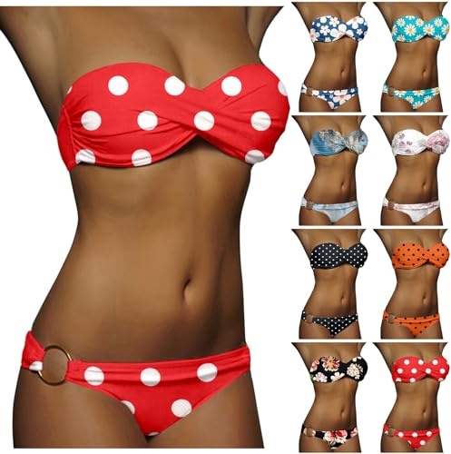 Maillot de Bain Femme 2 Pieces Haut Bandeau,Maillots Deux Pièces Femme Push up Froncé et Torsadé Bikini Set Taille Basse sans Bretelles Sexy Imprimé à Pois Beachwear Ensemble Sport (Red, M)