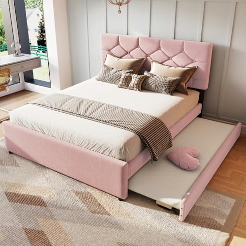 Wyibwy Letto imbottito 140x200cm con letto estraibile, Letto contenitore matrimoniale con letto estraibile e rete a doghe,tessuto in velluto, per adulti e ospiti, senza materasso,minimalista, rosa
