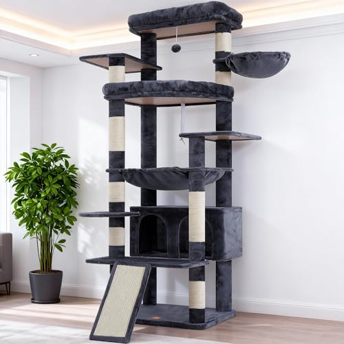 Heybly Kattklätterträd 202 cm - Stort Kattklättringsträd med 2 Extra Stora Plattformar, Kattkoja, Korg, Sisalrep, Klösbräda & Hängmatta för Vuxna Katter i, Rökgrå Färg HCT038G | 2 extra stora gosiga plattformar, klösbräda, stor grotta, korg, sisalstam, hängmatta, lämplig för vuxna katter