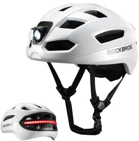 ROCKBROS Casco da Bicicletta con Luce LED Anteriori e Posteriori Uomo Donna, Casco Ciclismo con Telecomando, Indicatori di Direzione Intelligenti, per Bici da Corsa MTB, Regolabile 58-60cm, Bianco