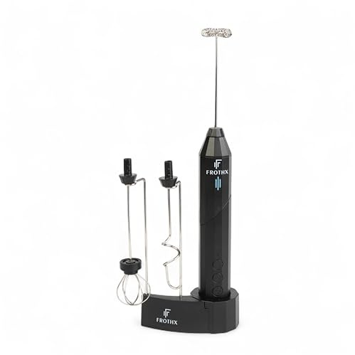 FROTHX Rechargeable Milk Frother with Stand, 3 Speeds, Unique Foldable Handle, USB-C Charging Dock, Stainless Steel Whisks Drink Mixer – Handheld Electric Coffee Frother for Latte & Cappuccino