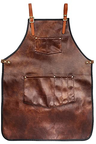 ERYUE Tablier de Chef en Cuir PU Imperméable, Résistant à la Chaleur, pour Cuisine, Barbecue, Barbier, Barista, Travail Manuel, Marron