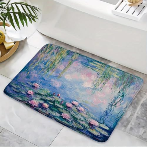 EAEQKOUC Tappeto 3d Tappetino da bagno antiscivolo - Design artistico impressionista con ninfee rosa e rami di salice fluenti decorazioni natalizie