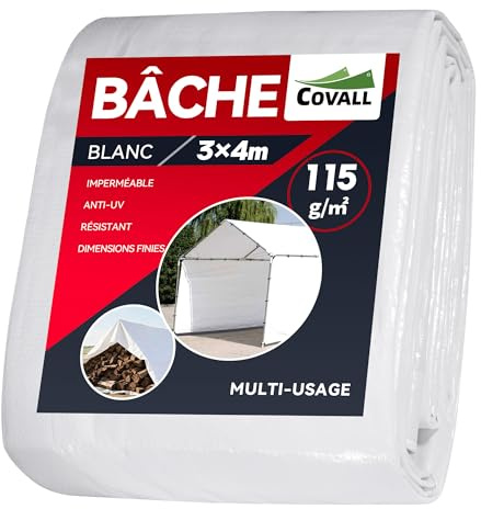 COVALL Lona impermeable de 3 x 4 m, lona resistente al agua de 115 g/m², hojas blancas para el suelo para acampar con ojales, cubierta resistente al viento para pérgola al aire libre, techo, cenador