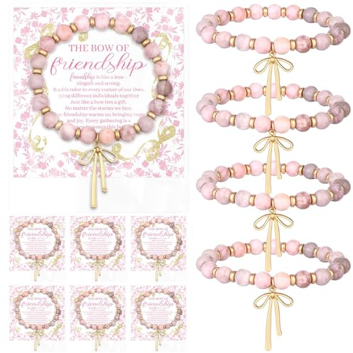 Uoeo 6 Sets Friendship Bracelets Gifts for Friends Bulk Friendship Natural Stone Bracelet with Cards OPP Bags Pink Beads Bow Charm Gift Friendship Bracelet Gifts for Women Mom Friend Bestie Birthday
