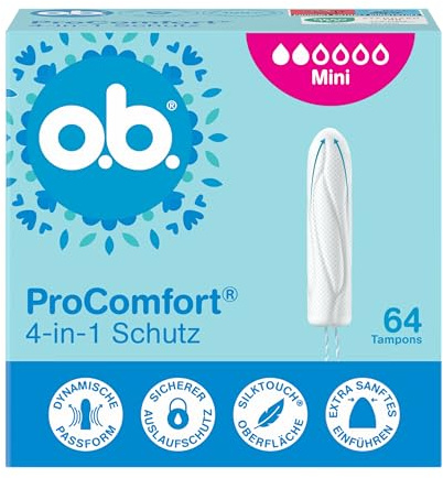 ob. ProComfort mini 4-i-1-skyddstamponger (1 x 64 st.) med extra mjuk spets för enkel insättning och upp till 100% läckageskydd, perfekt för sport och vardag