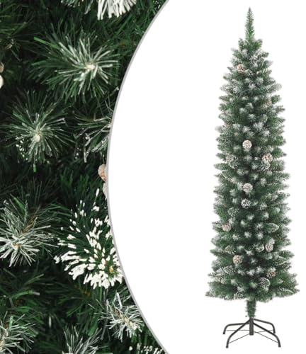 LoogCape Konstgjord julgran med stativ, smal 240 cm, PVC gran, grön med vit konstsnö, 30 kottar och 550 spetsar, för vardagsrum adventsfest
