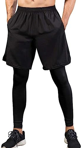 Yuerlian Pantalon de course 2 en 1 pour homme avec legging de compression à séchage rapide pour gym, entraînement, basket-ball, cyclisme, 1-Noir, L